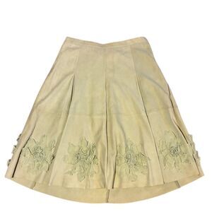 Vintage Women's Light Green‎ Suede A-Line Skirt 14 Ruffle Embroidery